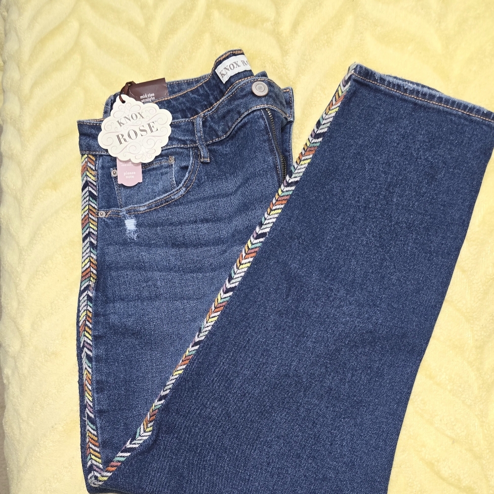 Knox Rose Women's Blue Skinny Jeans with Multicolor Embroidered Trim
